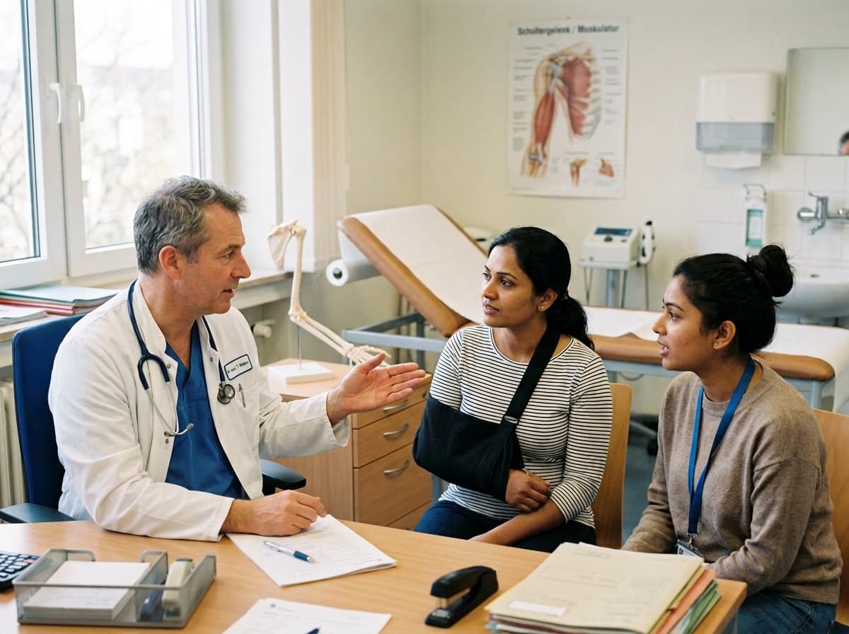 A doctor explaining a treatment plan to patient and companion