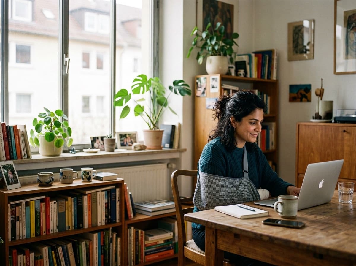 A woman with her arm in a sling working at home