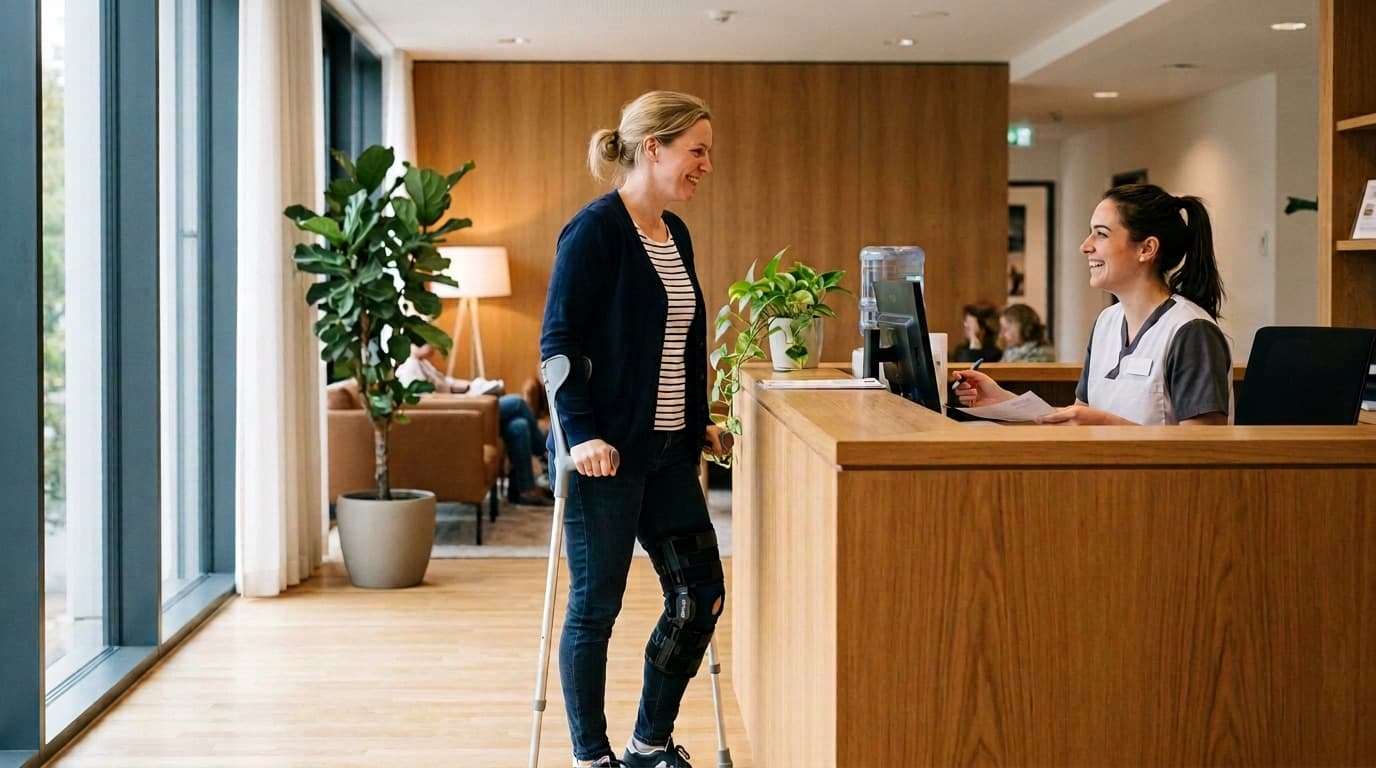 A woman on crutches checking in at a clinic reception