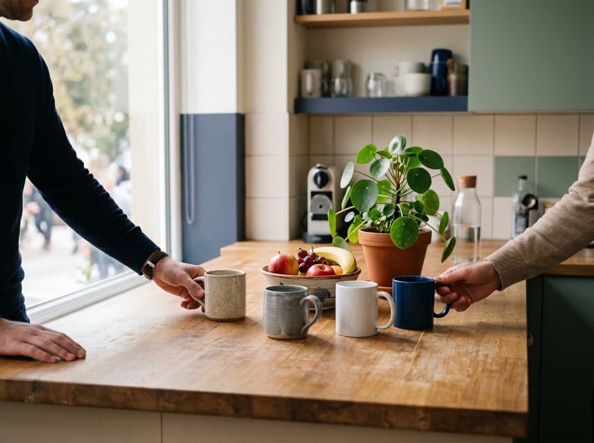 Two colleagues reaching for mugs in the office kitchen