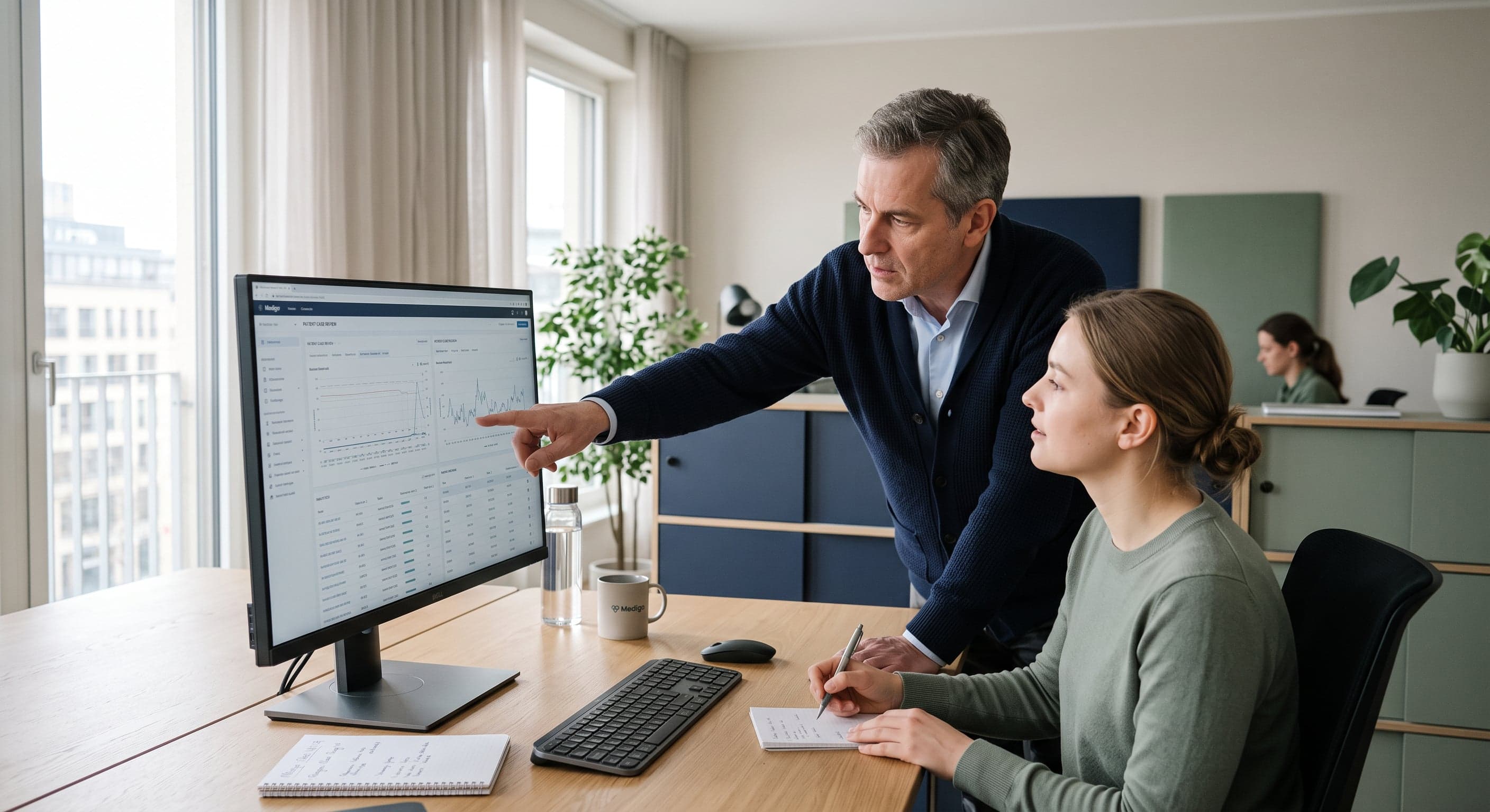 Two colleagues reviewing a case on screen, one taking notes