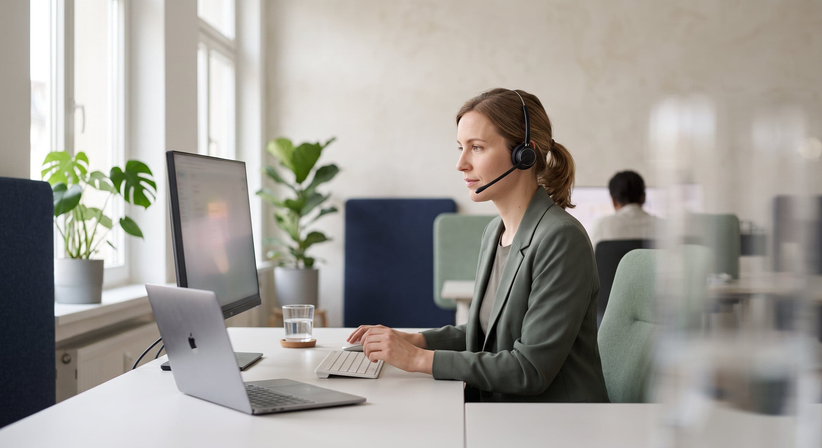A coordinator in a headset at an open-plan office desk