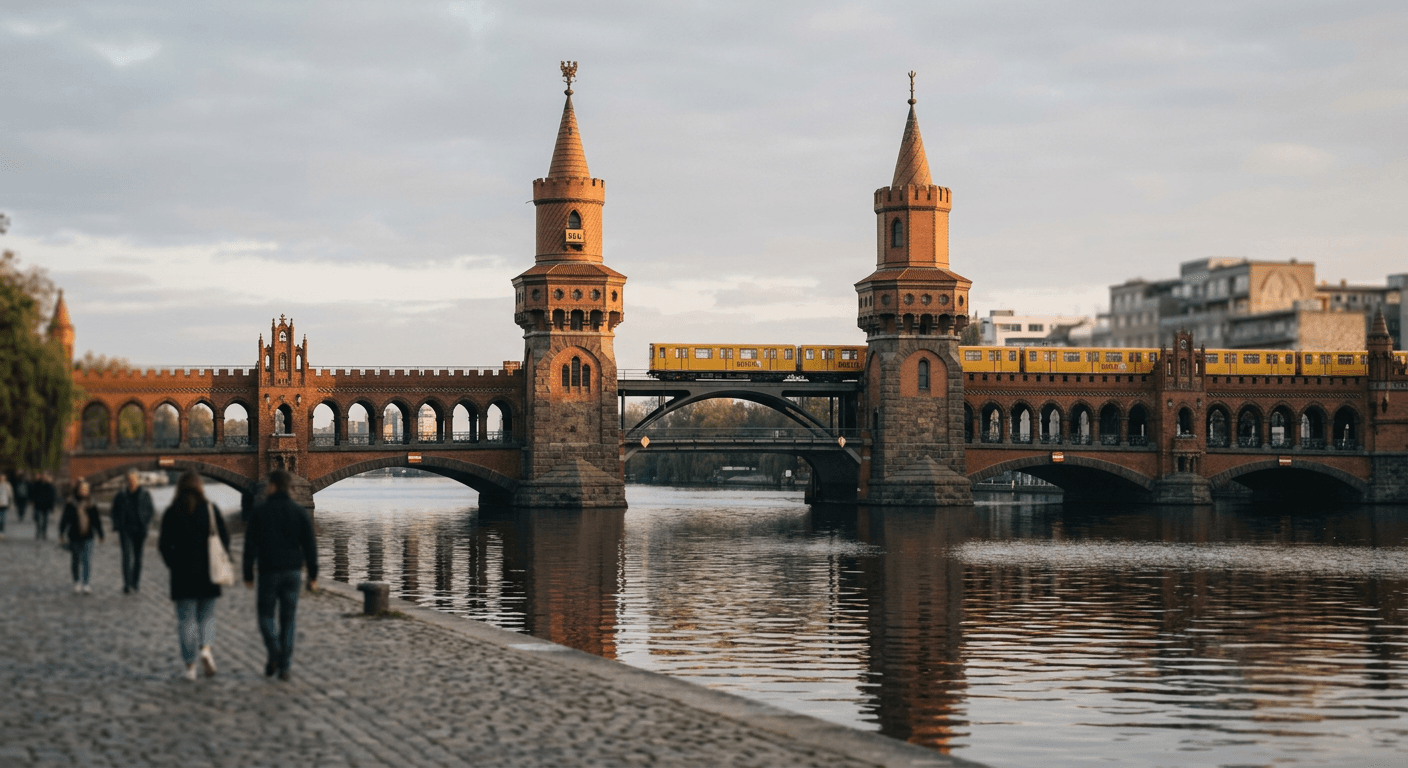 A yellow U-Bahn train crossing the Oberbaumbrücke in Berlin