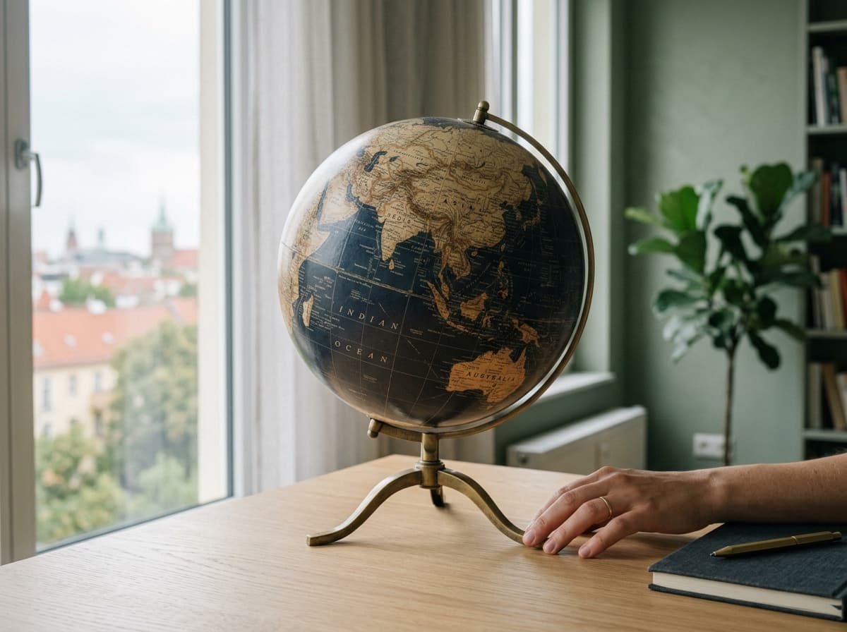 A desk globe beside a hand, rooftops through the window