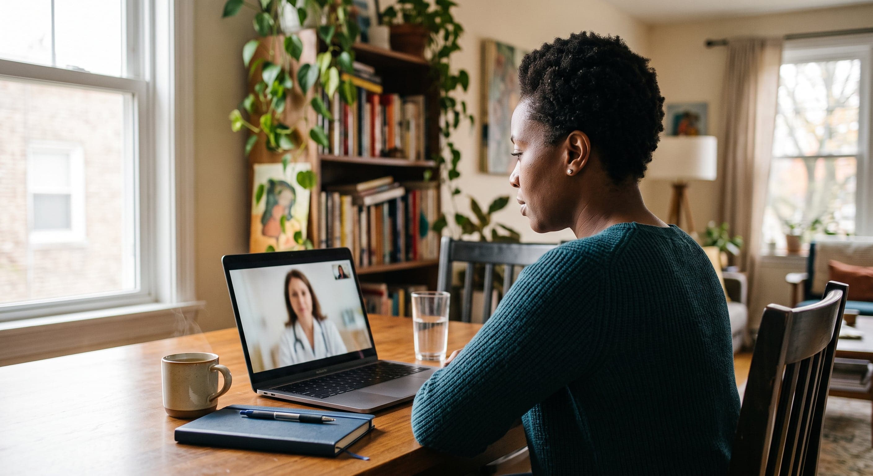 A woman on a video call with a doctor at home