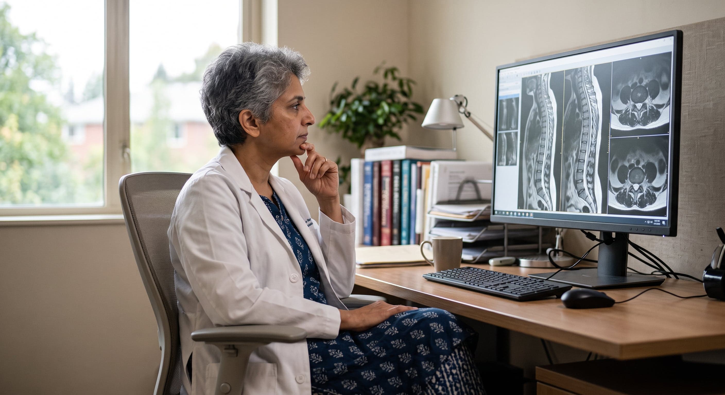 A specialist studying spine scans on a large monitor