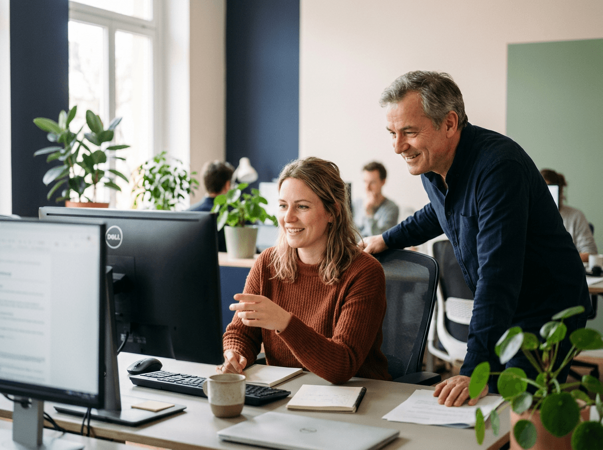 Two colleagues looking over provider details on a monitor